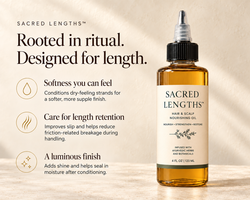 Sacred Lengths applicator bottle with benefits for softness, length retention, and shine.