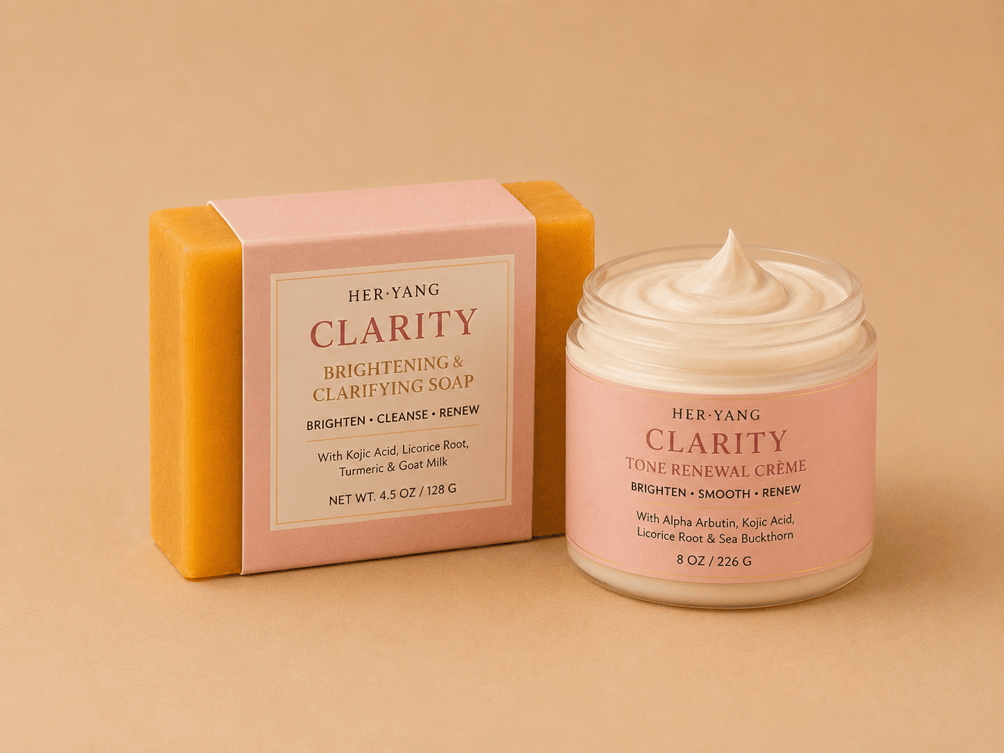 HerYang Clarity™ Skin Brightening Body Care Set with clarifying soap and creme, featuring natural ingredients for radiant skin.
