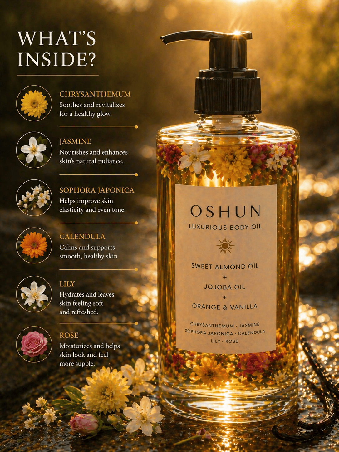 Her•Yang Oshun Honey Body Oil bottle with golden liquid, smooth texture, and elegant packaging visible in the image.