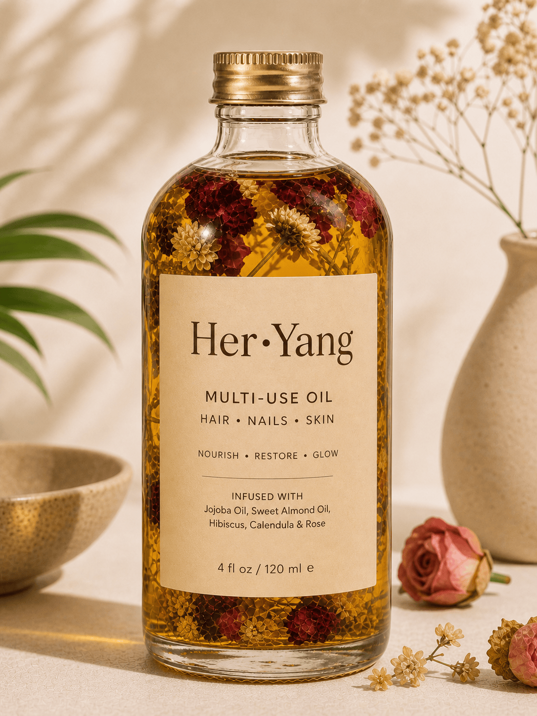 Her•Yang Rose Multi-Use Glow Oil in a clear glass bottle with a dropper, showcasing its pink tinted liquid and floral packaging.