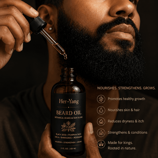HerYang Rooted™ Beard Growth Oil bottle with dropper, natural ingredients, and sleek packaging for beard care and growth.