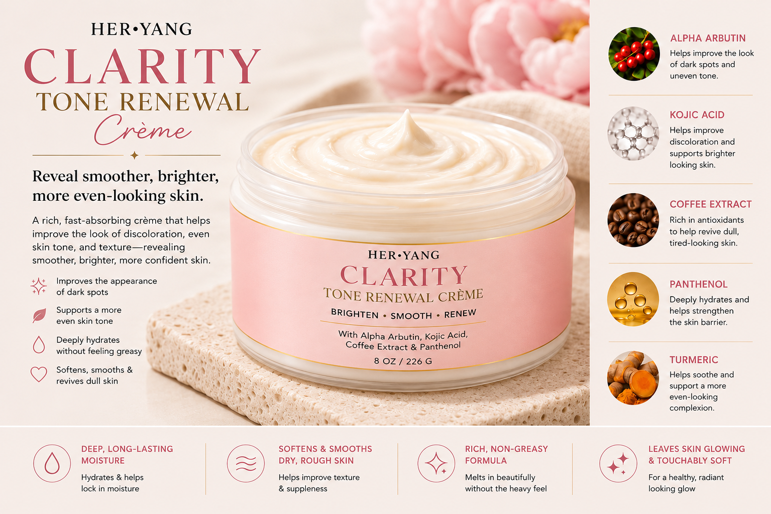 Her•Yang Clarity™ Tone Renewal Crème body butter in a jar, smooth and creamy texture for skin hydration and renewal.