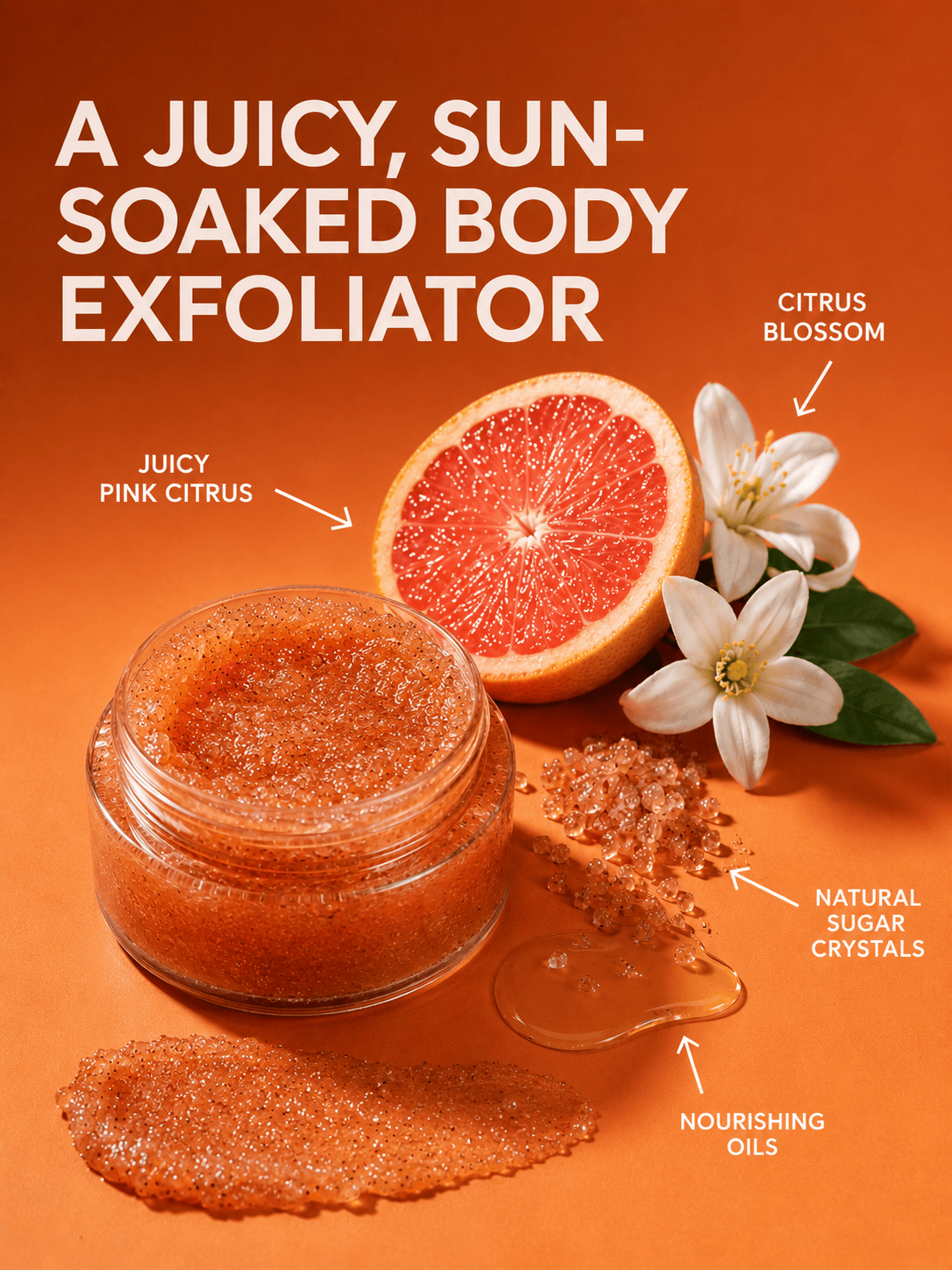 Her•Yang Glow Luxe Sugar Body Scrub jar with textured label and open lid showing the exfoliating sugar scrub inside.