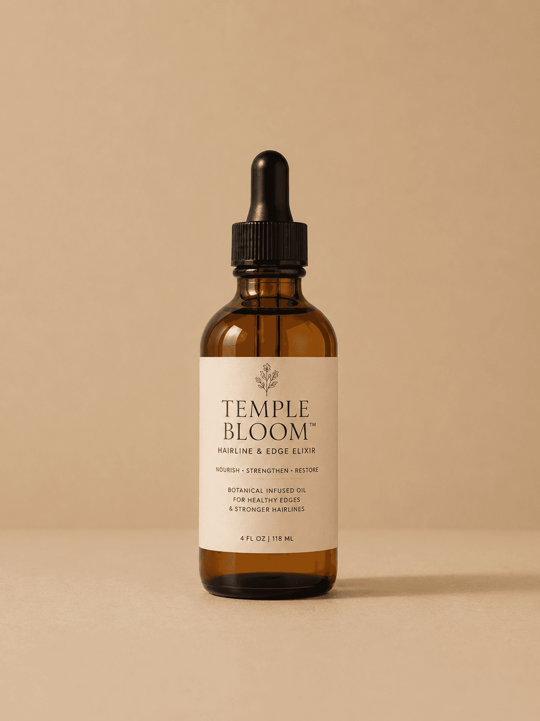 HerYang Temple Bloom™ Hairline & Edge Elixir hair oil bottle with dropper in a clear container, designed for hairline and edges.