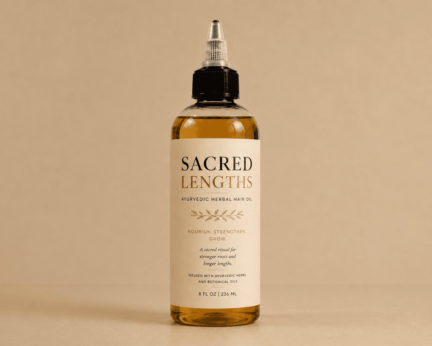 HerYang Sacred Lengths™ Ayurvedic Hair Oil in a glass bottle with a dropper for nourishing hair treatment.