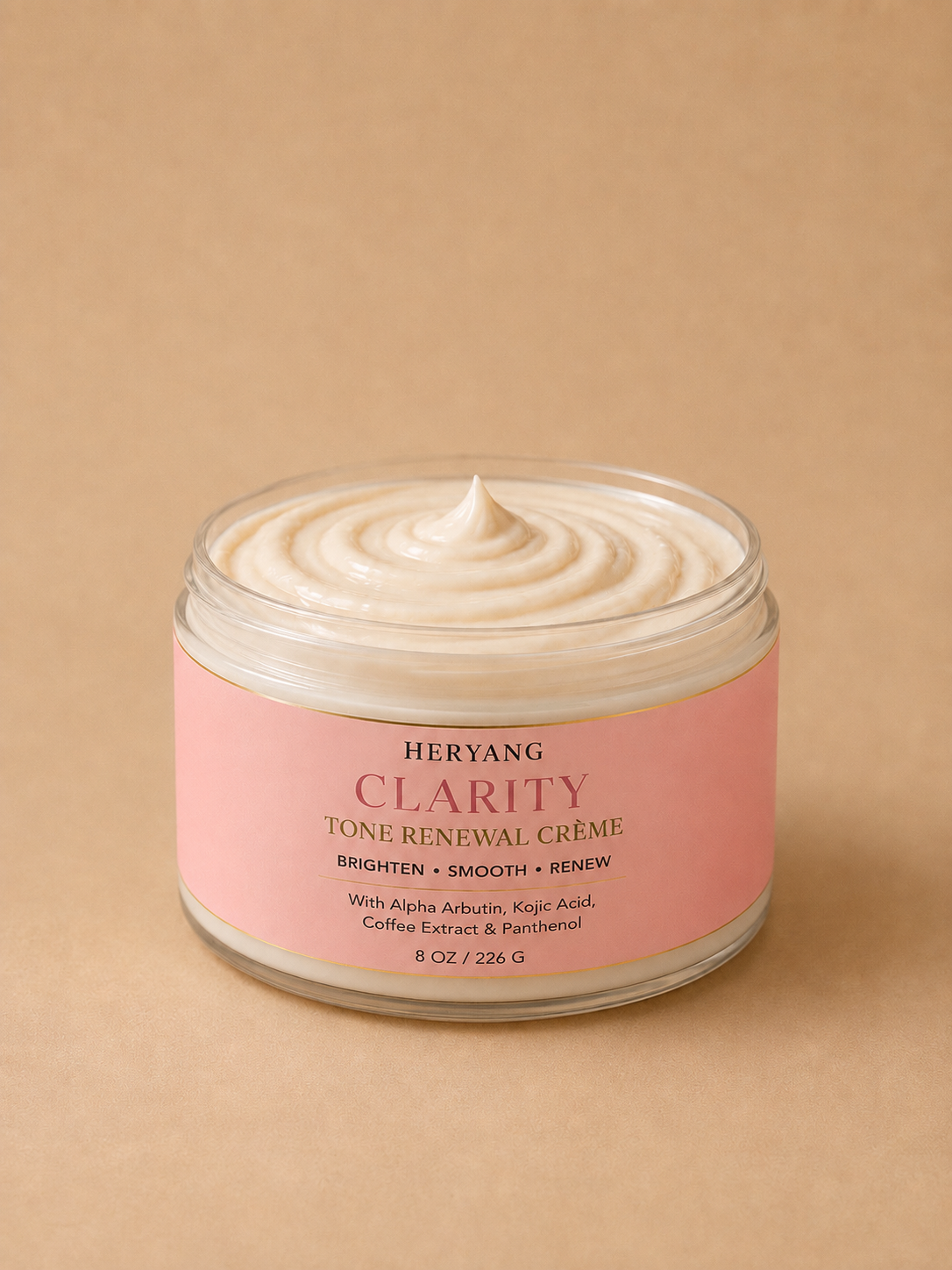 HerYang Clarity™ Tone Renewal Crème jar with brightening body creme for evening skin tone on thighs, underarms, and knees.