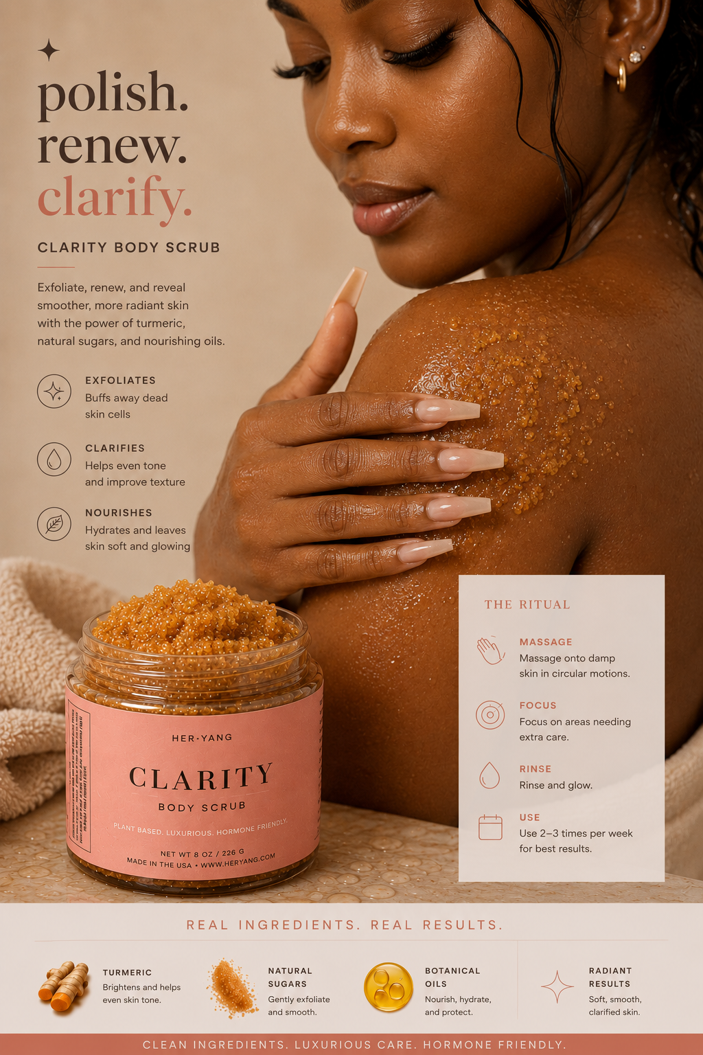 Her•Yang Clarity™ Body Acne Scrub in a white jar, featuring exfoliating beads and a creamy texture for body skincare.