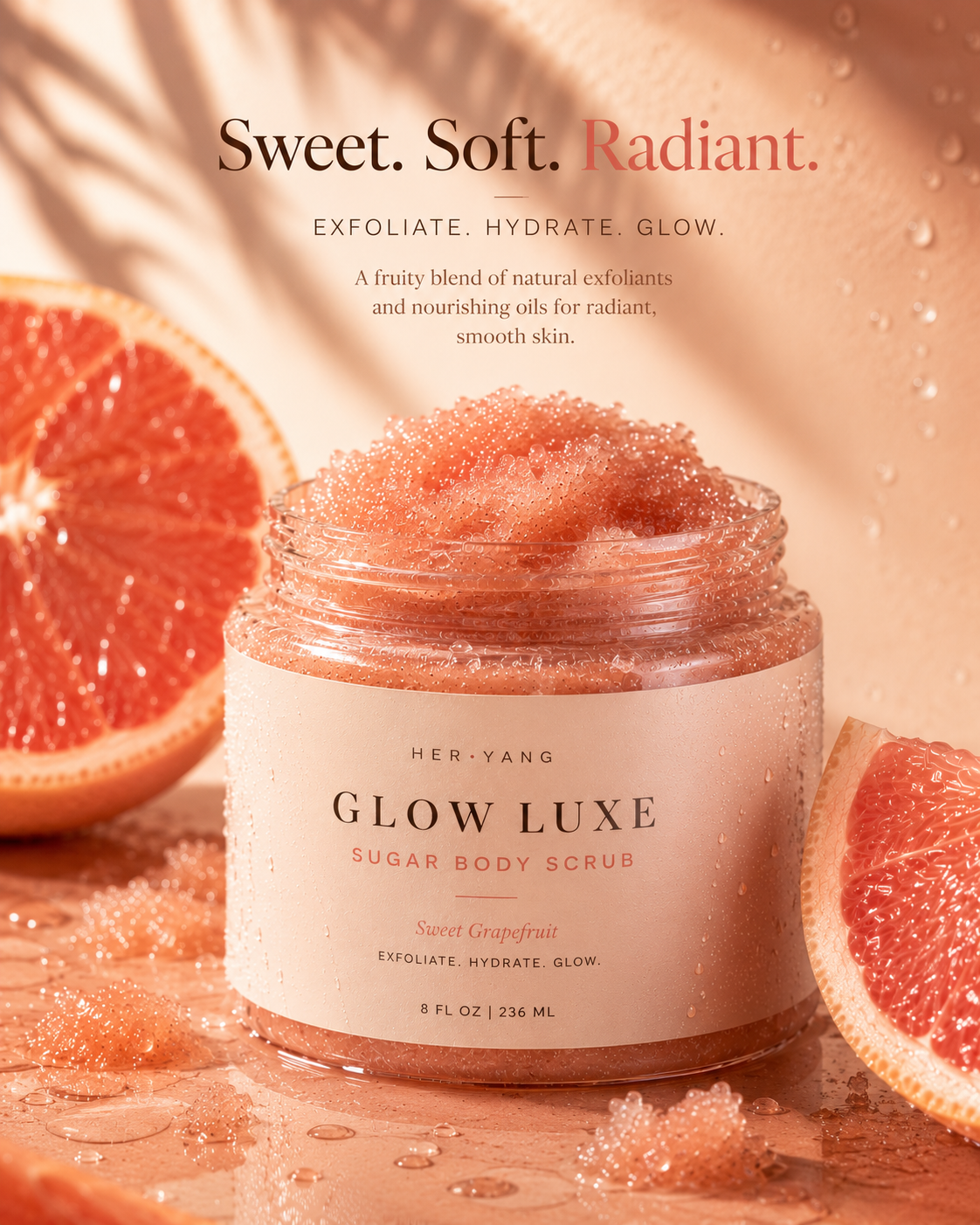 Her•Yang Glow Luxe Sugar Body Scrub in a jar with a textured sugar scrub surface and a luxurious gold lid.