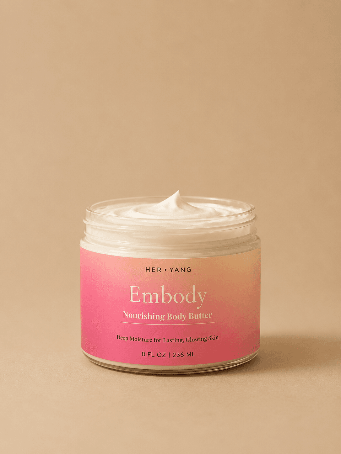 HerYang Embody™ Body Butter jar with creamy, nourishing body moisturizer and natural ingredients, shown in a close-up image.