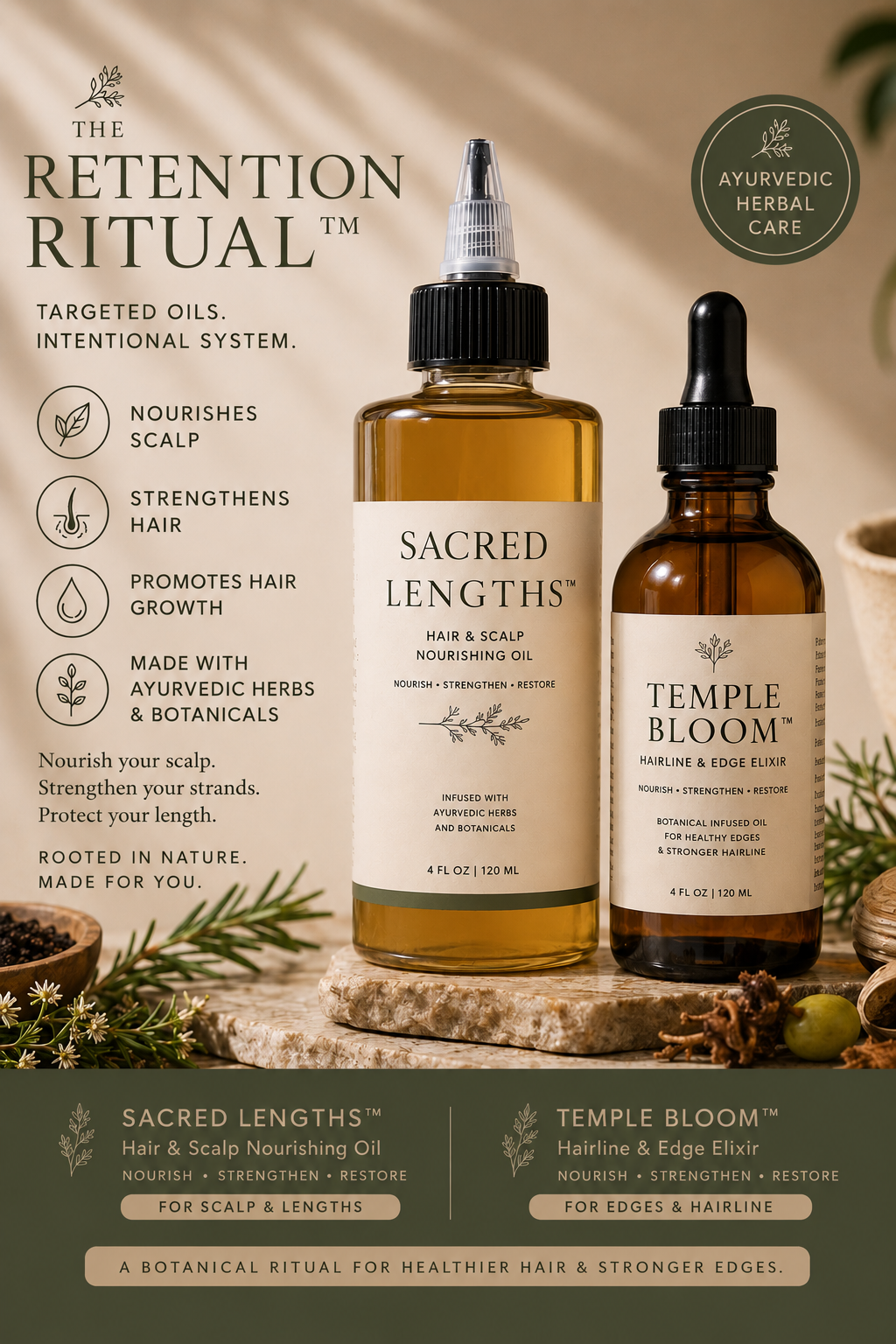 Her•Yang The Retention Ritual Duo™ hair oil set with two bottles, showcasing natural ingredients for nourishing and strengthening hair.