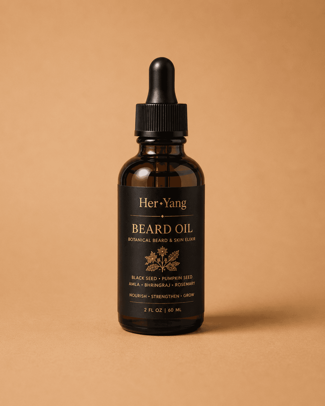 HerYang Rooted™ Beard Growth Oil bottle showing the dark glass container with a black dropper cap and product label.
