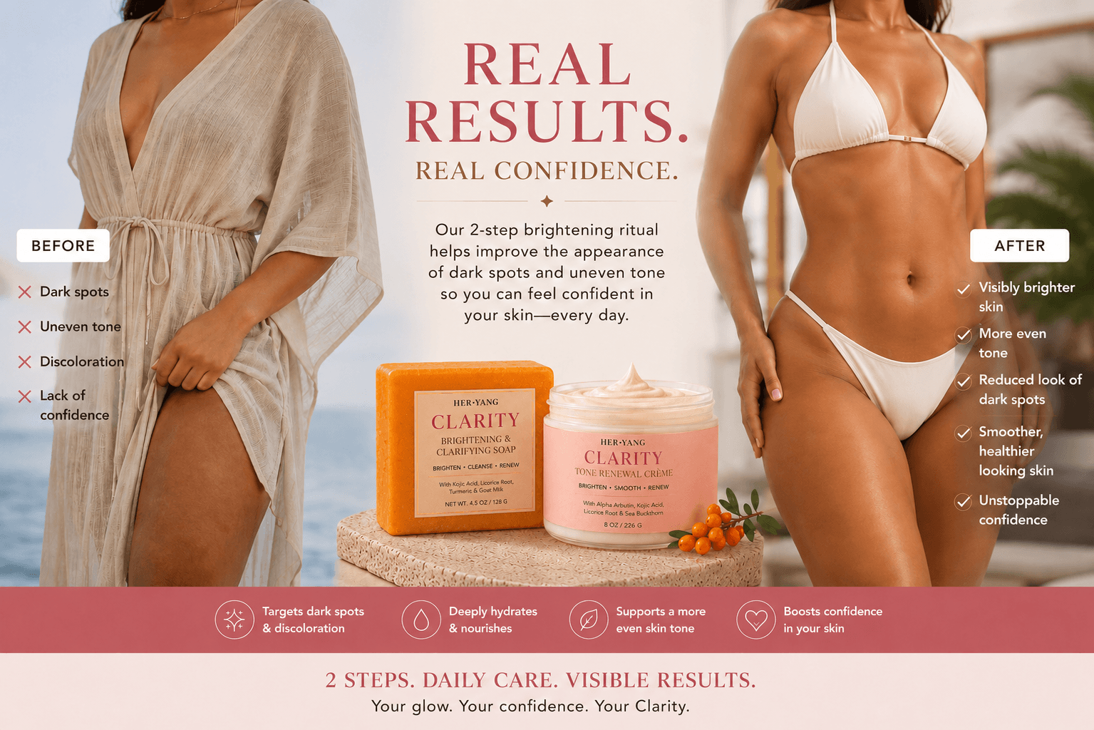 HerYang Clarity™ Skin Brightening Clarifying Soap and Creme set for body care, featuring brightening and clarifying skincare products.