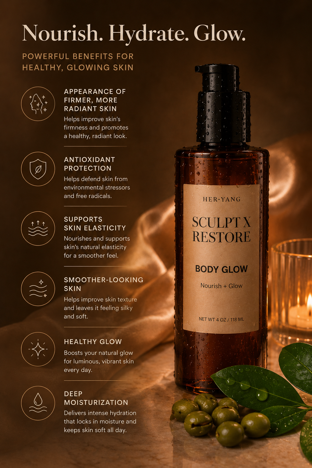 Her•Yang Sculpt x Restore™ Body Glow body oil bottle with sleek design, featuring a clear container and silver cap.
