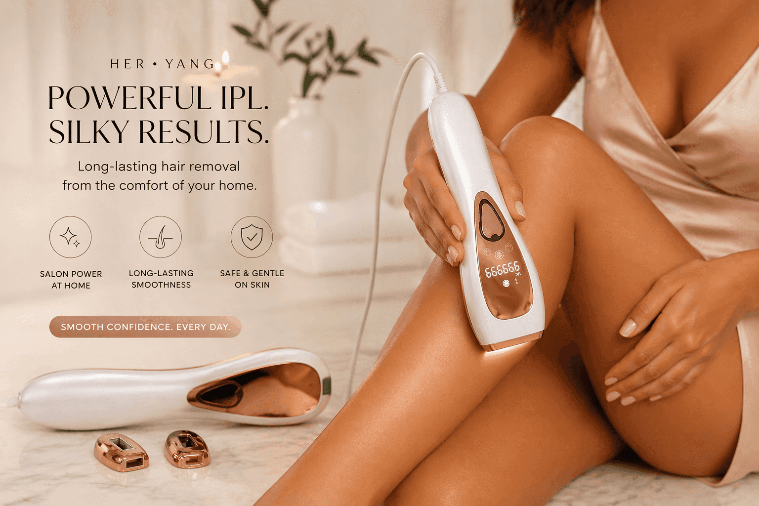 HerYang SkinLux™ IPL Hair Removal Device shown with treatment window and sleek design for at-home hair removal.