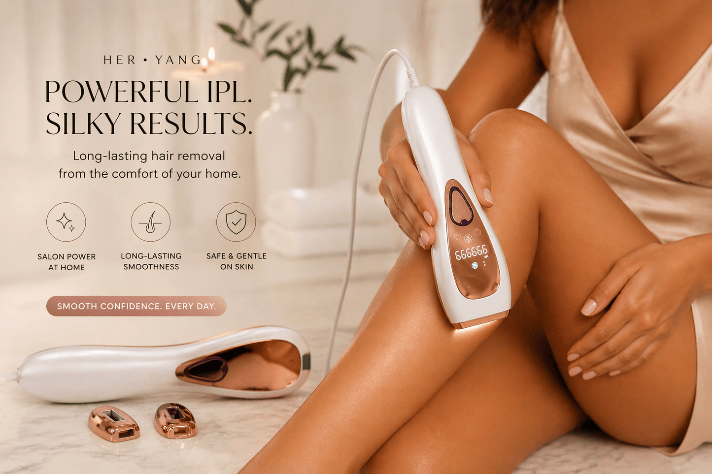 Her•Yang SkinLux™ IPL Hair Removal Device with sleek design and control panel, used for at-home hair removal treatments.