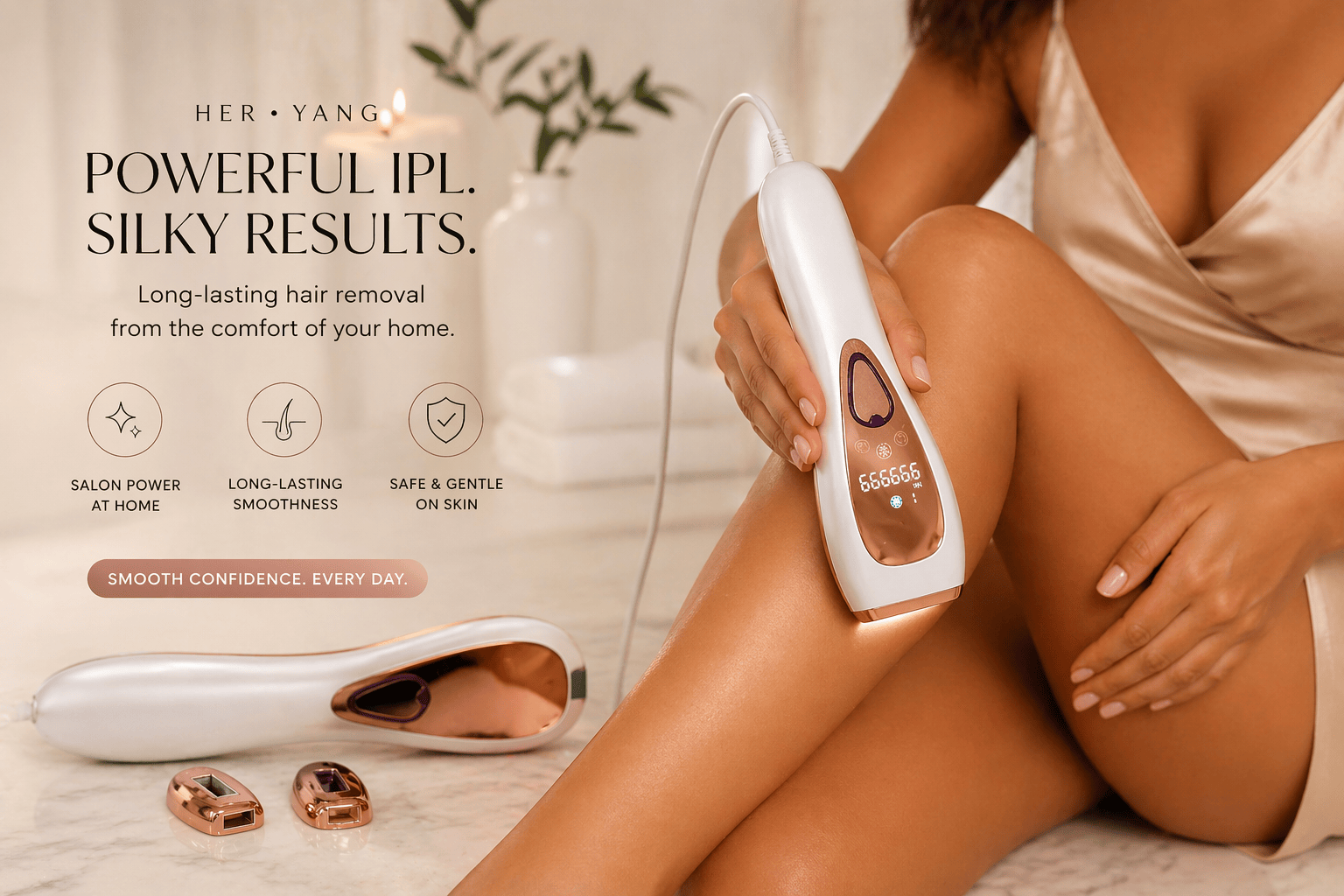 Her•Yang SkinLux™ IPL Hair Removal Device with sleek design and control panel, used for at-home hair removal treatments.