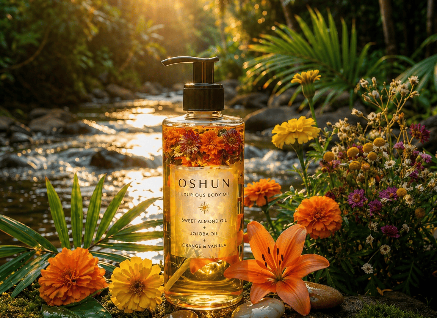 Her•Yang Oshun Honey Body Oil in a clear glass bottle, showcasing the golden-hued liquid body oil with a white pump dispenser.