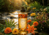 Her•Yang Oshun Honey Body Oil in a clear glass bottle, showcasing the golden-hued liquid body oil with a white pump dispenser.