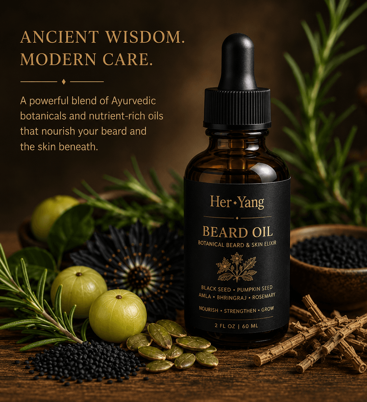 Her•Yang Rooted™ Beard Growth Oil bottle with dropper, designed for nourishing and promoting beard hair growth.