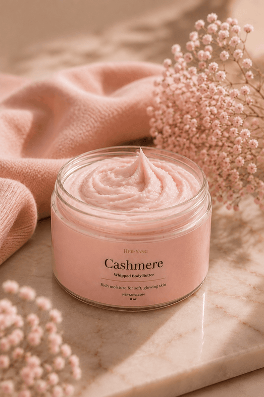 HerYang cashmere body butter jar with smooth, creamy texture and elegant packaging, showcasing a luxurious skincare product.