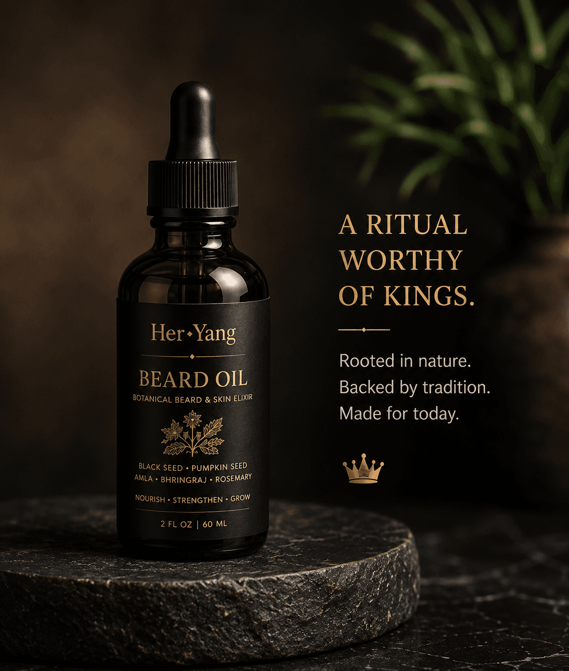 Her•Yang Rooted™ Beard Growth Oil bottle with dropper, natural beard oil for healthy beard growth and conditioning.