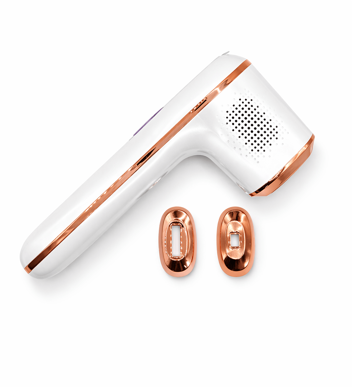 Her•Yang SkinLux™ IPL Hair Removal Device showing a sleek handheld design with control buttons and a luminous treatment window.