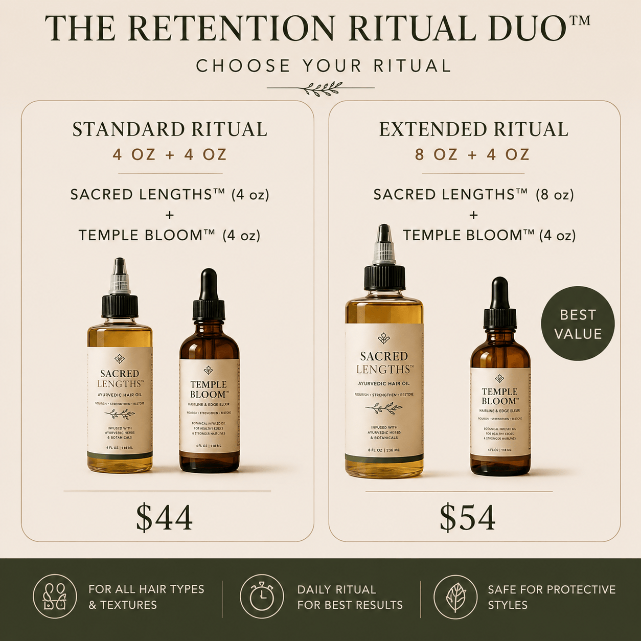 Her•Yang Retention Ritual Duo™ hair oil bottles, natural hair care product with nourishing oils for healthy hair.