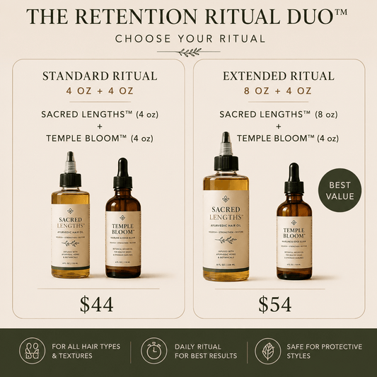 Her•Yang Retention Ritual Duo™ hair oil bottles, natural hair care product with nourishing oils for healthy hair.