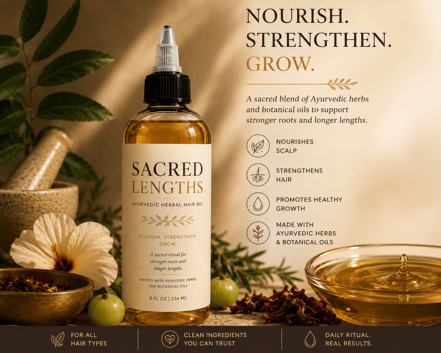 Her•Yang Sacred Lengths™ Ayurvedic Hair Oil bottle with a label, designed for nourishing and strengthening hair.