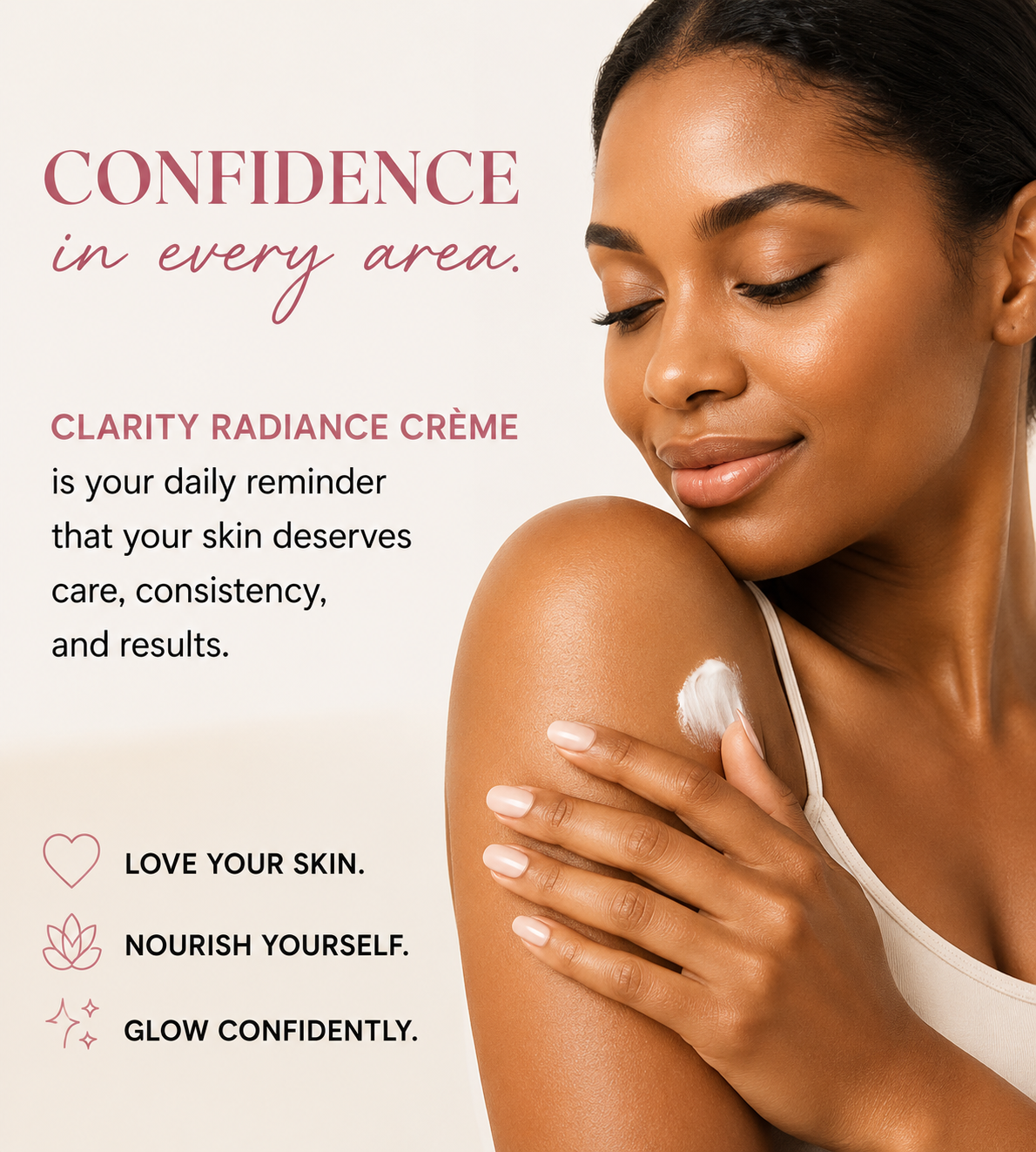 Her•Yang Clarity™ Tone Renewal Crème body butter with a smooth, creamy texture in a jar, designed to hydrate and renew skin.