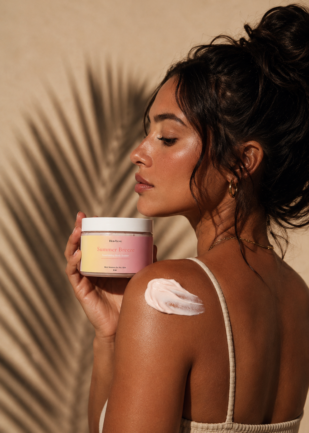 Her•Yang Summer Breeze™ Body Butter jar with smooth, creamy texture and fresh summer scent on a white background.
