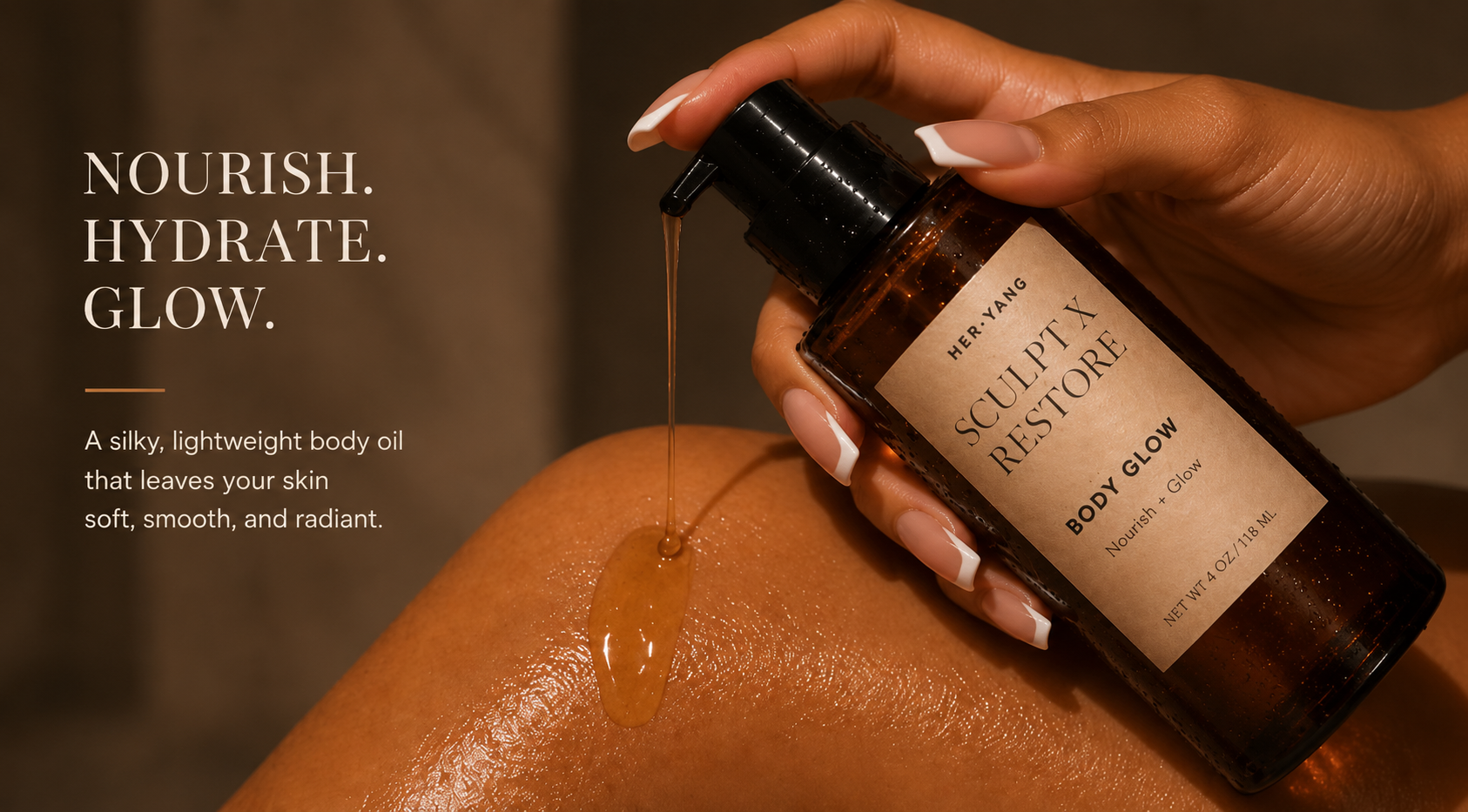 Her•Yang Sculpt x Restore™ Body Glow Body Oil with a sleek bottle, showcasing a radiant, golden glow for skin enhancement.