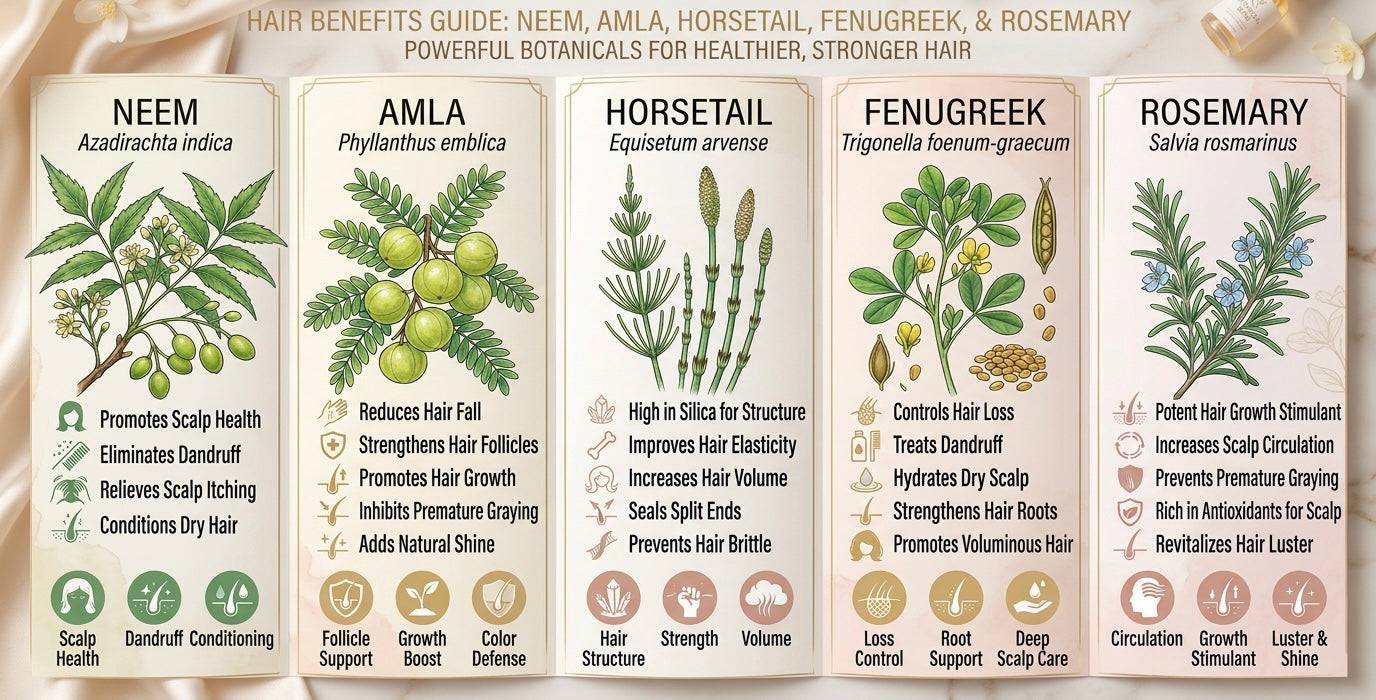 Her•Yang Sacred Lengths Ayurvedic Hair Oil with neem, alma, horsetail, fenugreek, and rosemary for healthy hair benefits.