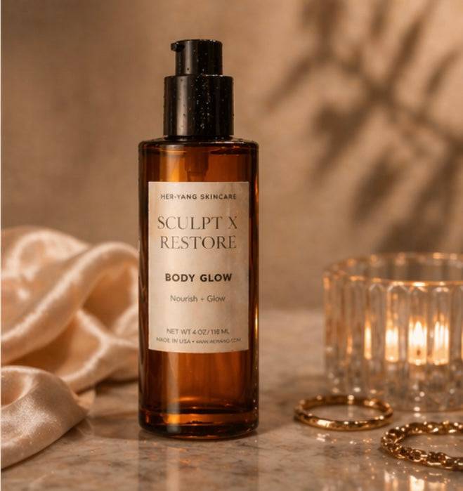 Her•Yang Sculpt x Restore™ Body Glow body oil in a sleek bottle, showcasing a luxurious, shimmering oil for glowing skin.