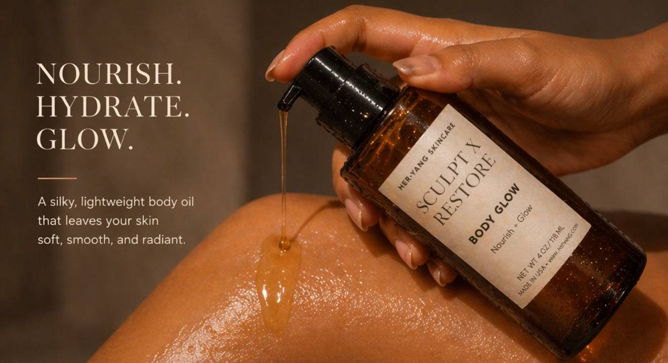 Her•Yang Sculpt x Restore™ Body Glow body oil in a clear bottle with a golden liquid, showcasing the luxurious skincare product.