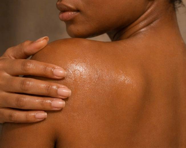 Her•Yang Sculpt x Restore™ Body Glow body oil in a sleek bottle, showcasing its golden hue and smooth texture.