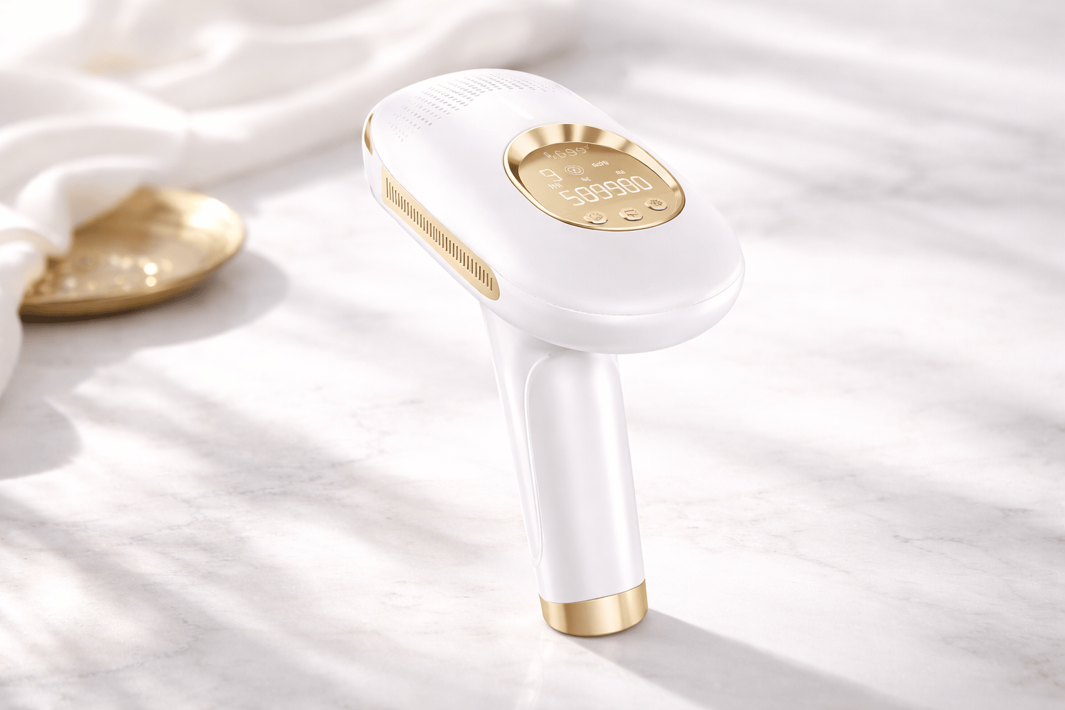 Her•Yang SilkSmooth™ IPL Hair Removal Device shown with sleek design and control panel for at-home hair removal treatments.