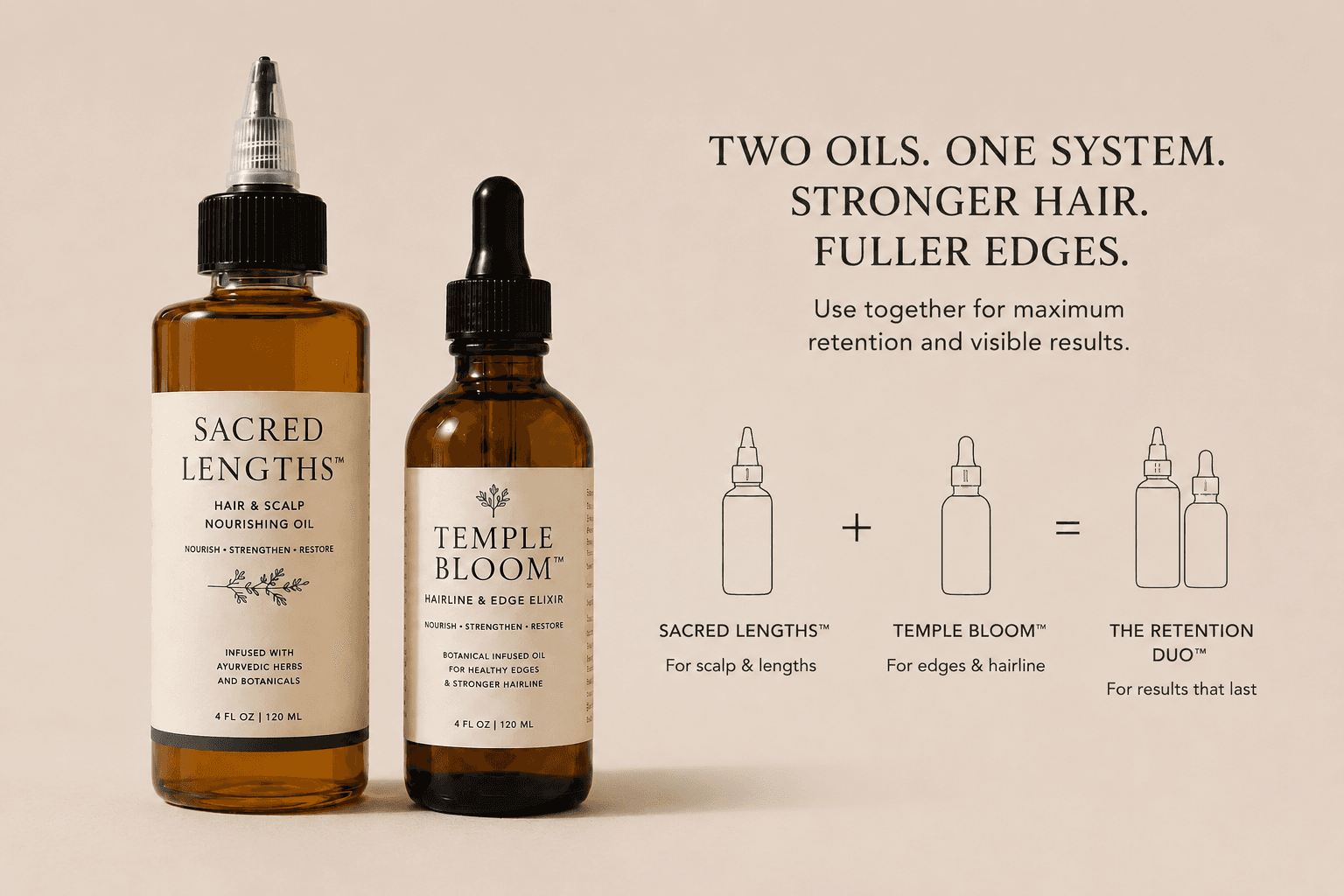 HerYang Sacred Lengths Ayurvedic Hair Oil bottle with dropper, showcasing natural herbal ingredients for nourishing hair