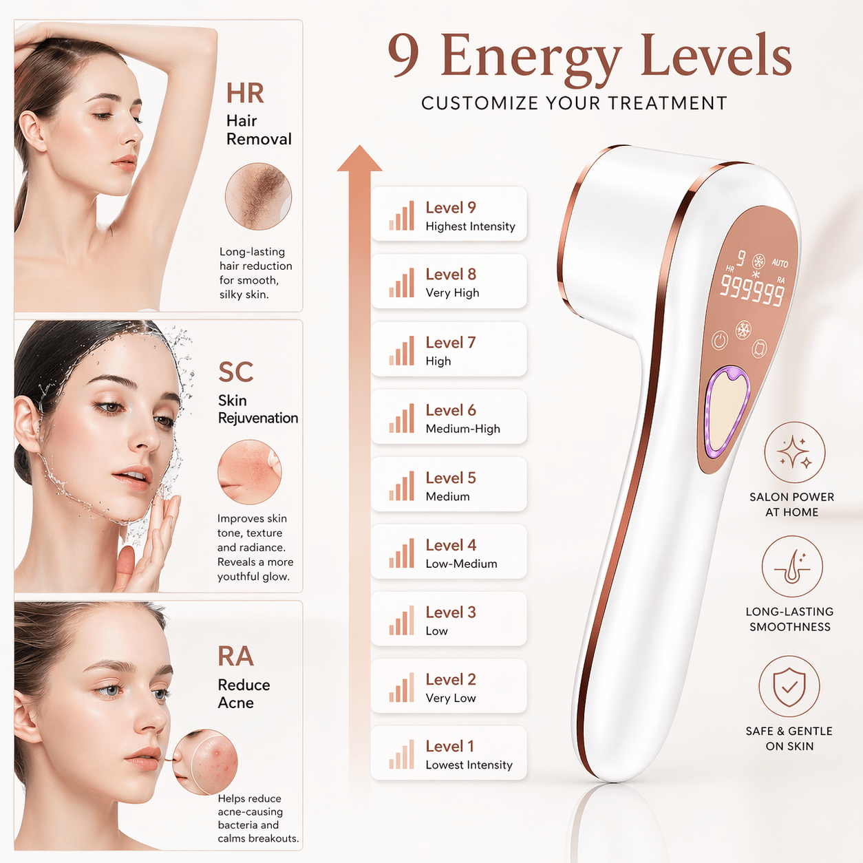 Her•Yang SkinLux™ IPL Hair Removal Device shown with sleek design and treatment head for at-home hair removal.