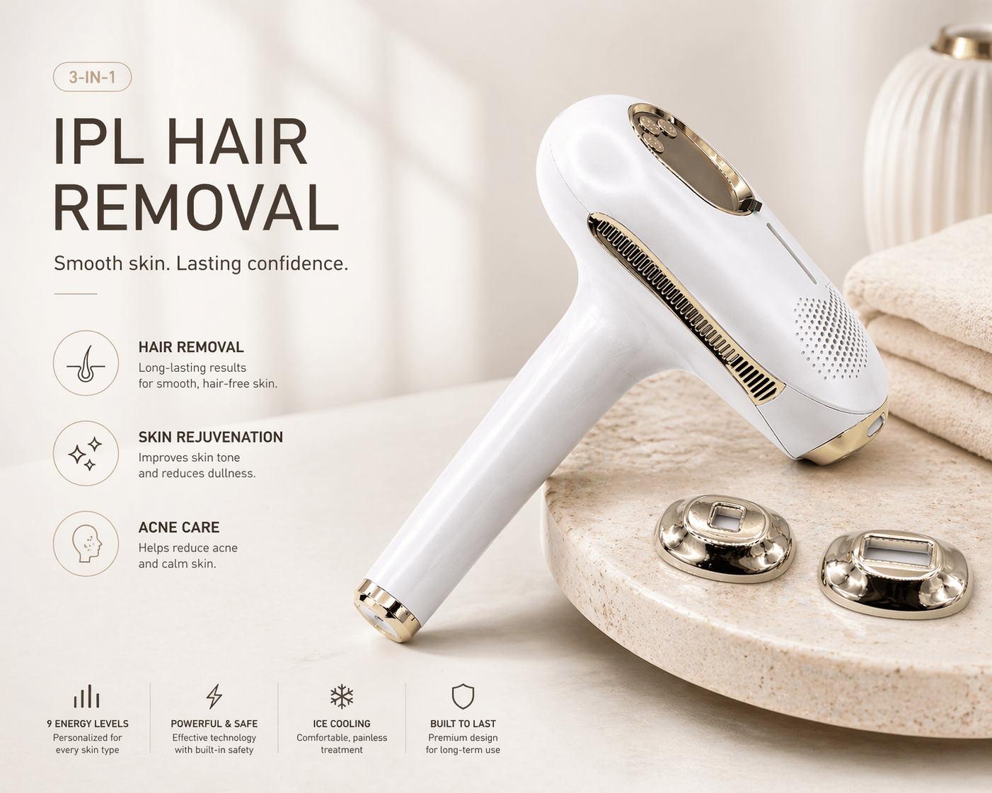 SilkSmooth™ IPL Hair Removal Device by Her•Yang, handheld device with sleek design for at-home hair reduction treatment.