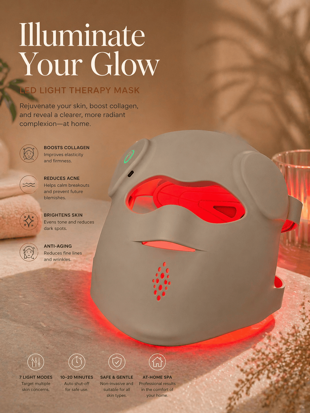 Her•Yang Radiance Renewal LED Mask for body contouring, showcasing the sleek design and adjustable straps of the skincare device.