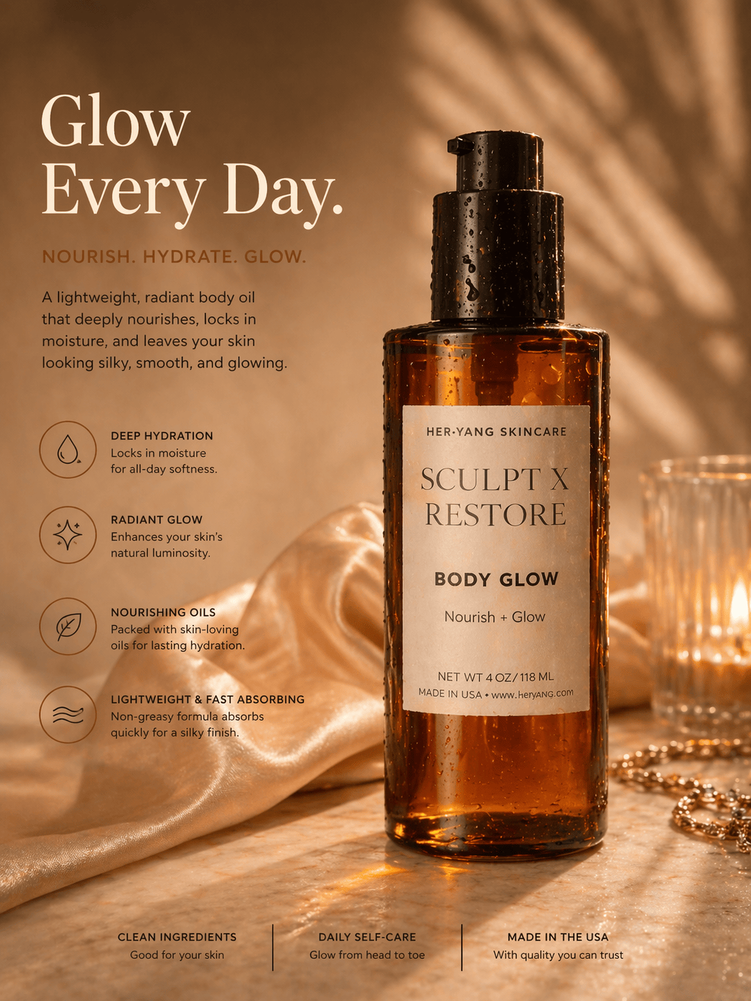 Her•Yang Sculpt x Restore™ Body Glow body oil in a clear bottle with a golden liquid, featuring a sleek, modern design.