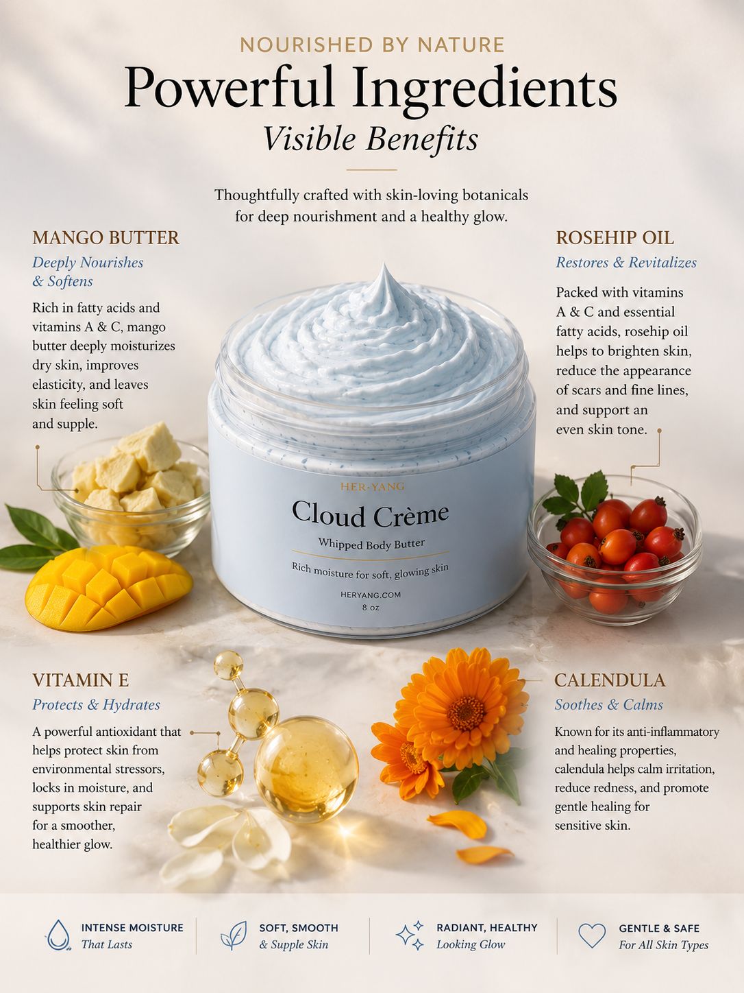 Her•Yang Cloud Cremè™ Body Butter jar with smooth, creamy texture and luxurious packaging, perfect for nourishing skin.