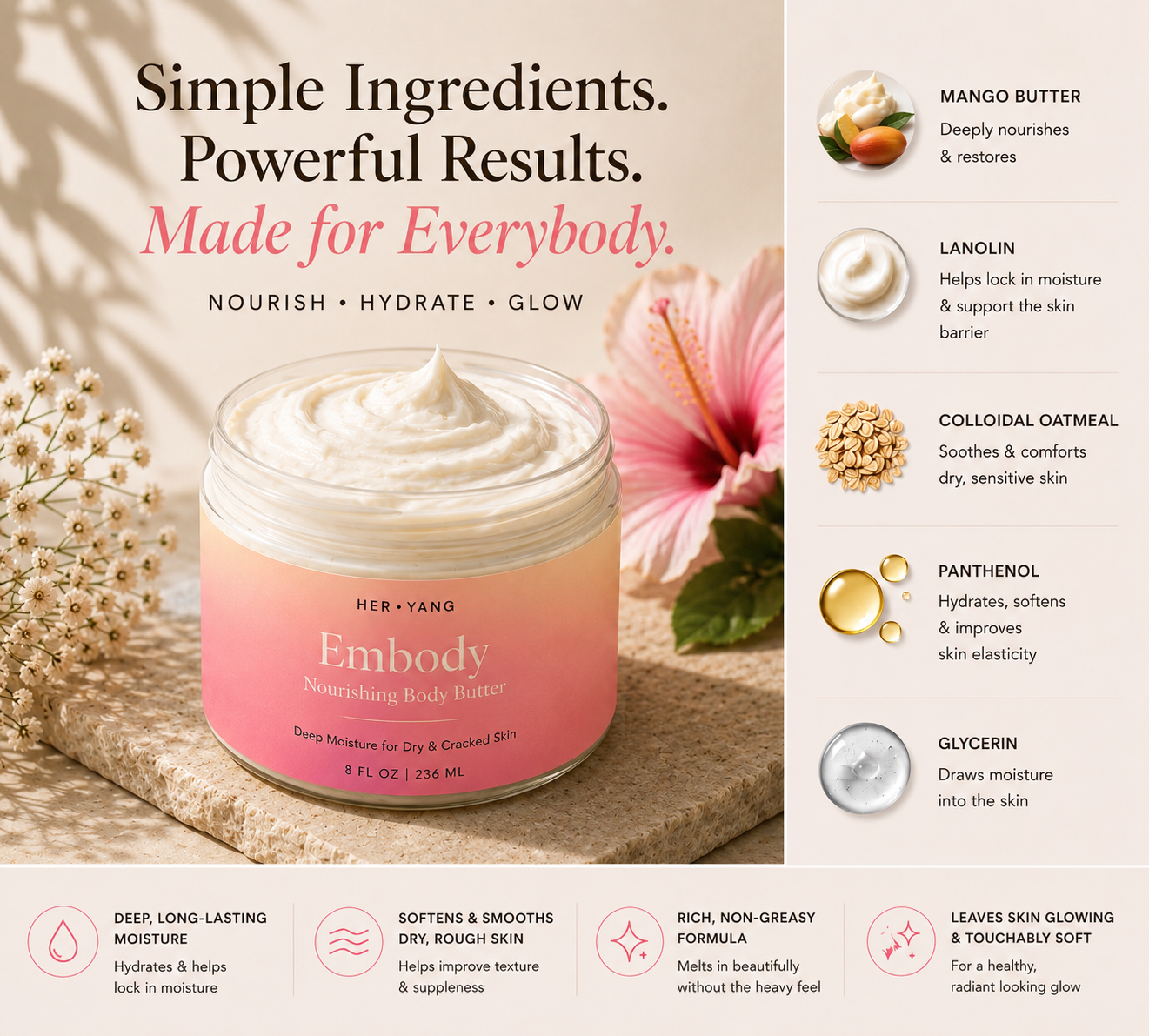 HerYang Embody™ Body Butter jar with creamy, luxurious texture, highlighting the natural, nourishing skincare product.