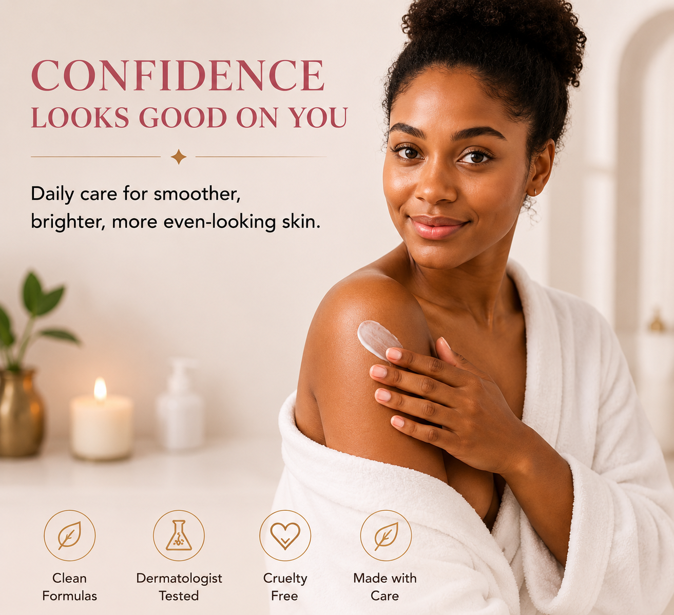 Her•Yang Clarity™ Skin Brightening & Clarifying System, skincare bottles and tools arranged on a white background