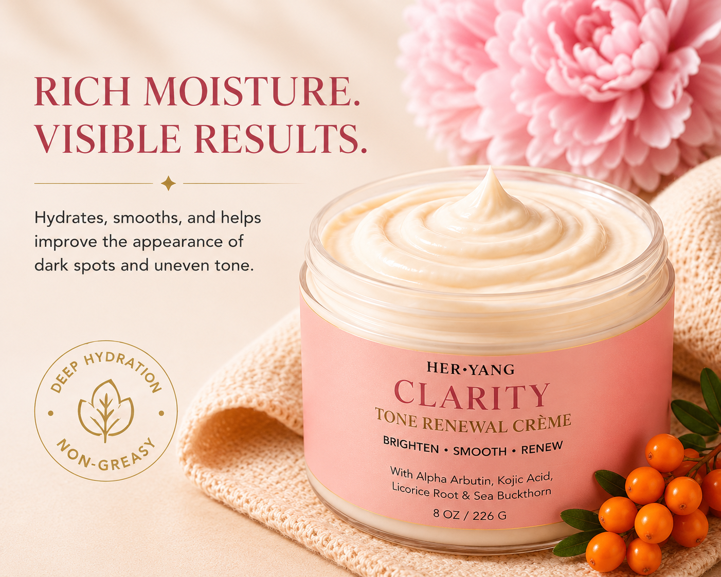 Her•Yang Clarity™ Skin Brightening & Clarifying System product image showing bottles and packaging setup for skincare.