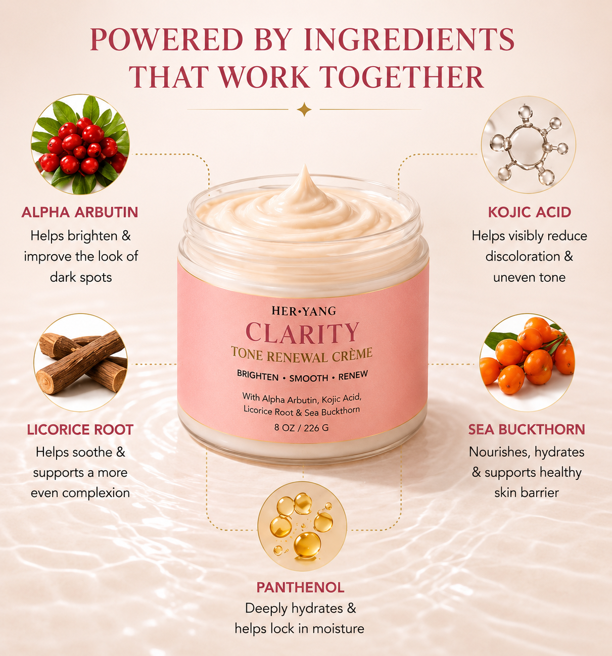 Her•Yang Clarity™ Skin Brightening & Clarifying System product image showing bottles and skincare components on a clean surface.