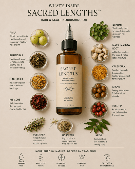 HerYang Sacred Lengths™ Ayurvedic Hair Oil bottle with dropper, showcasing natural hair care product for healthy, nourished hair.