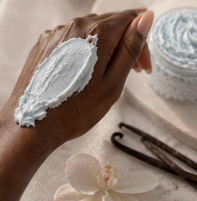 Her•Yang Cloud Cremè™ emulsified whipped body butter in a jar, showcasing its fluffy, creamy texture for nourishing skin.