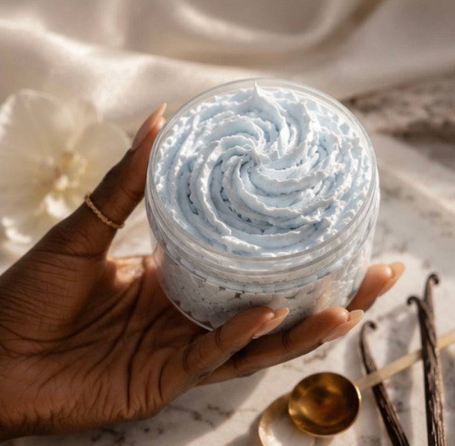 Her•Yang Cloud Cremè™ emulsified whipped body butter lotion with a smooth, fluffy texture in a white jar.